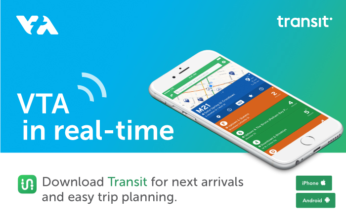 Graphic promoting transit app. VTA in real-time. Download Transit App for real-time arrivals and easy trip planning.
